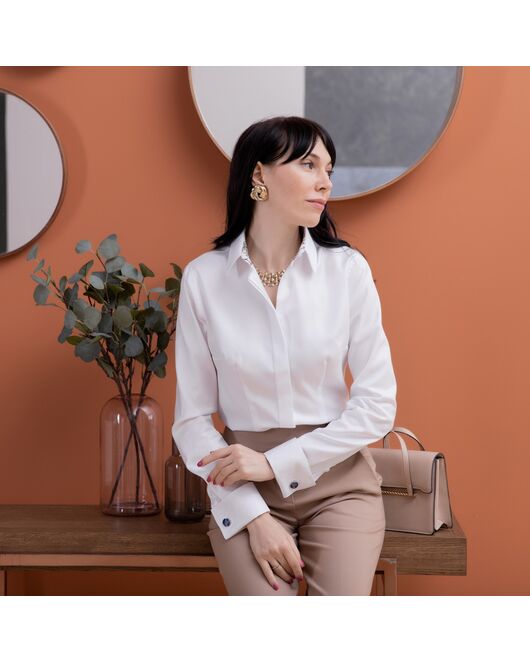 Женская рубашка под запонку белая с отделкой twill - 7978 от byME 
