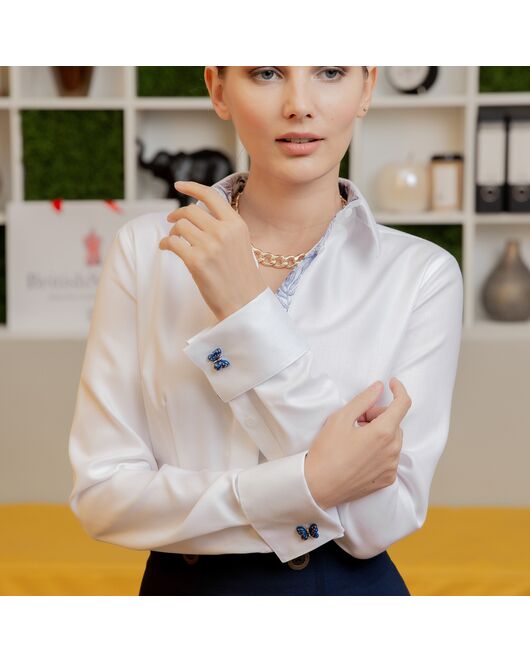 Женская рубашка под запонку белая с супатной застежкой с отделкой - 7879 от byME  Женская рубашка под запонку белая с супатной застежкой с отделкой - 7879 от byME