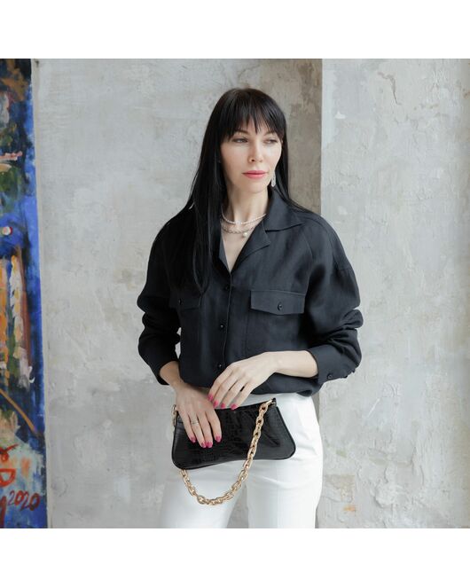 Женская льняная рубашка в оверсайз силуэте чёрная - 7961 от  