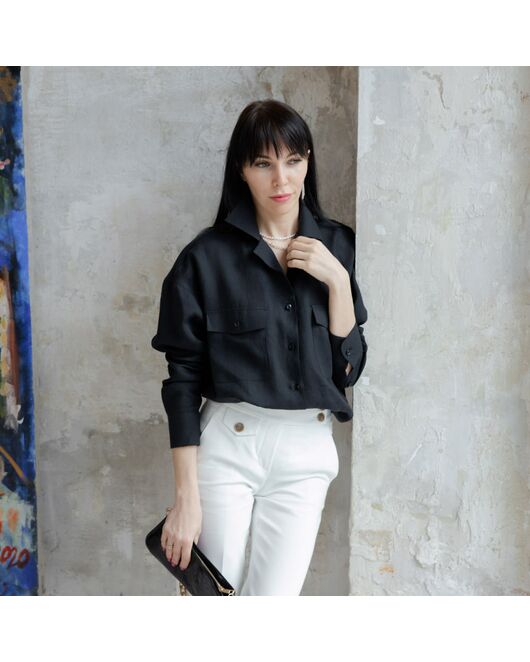 Женская льняная рубашка в оверсайз силуэте чёрная - 7961 от  