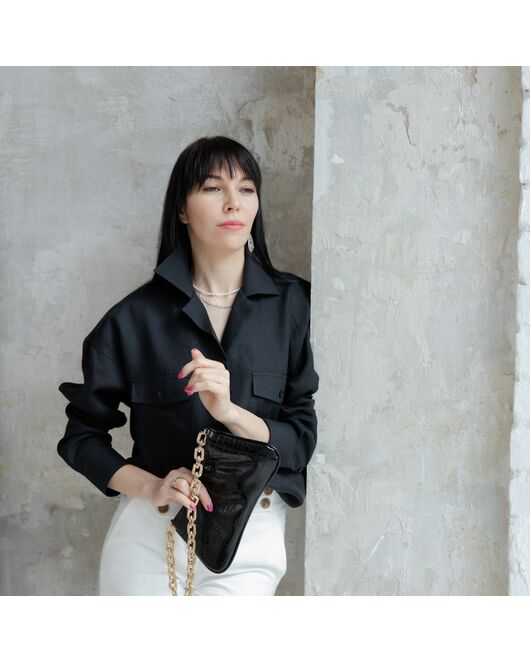 Женская льняная рубашка в оверсайз силуэте чёрная - 7961 от  