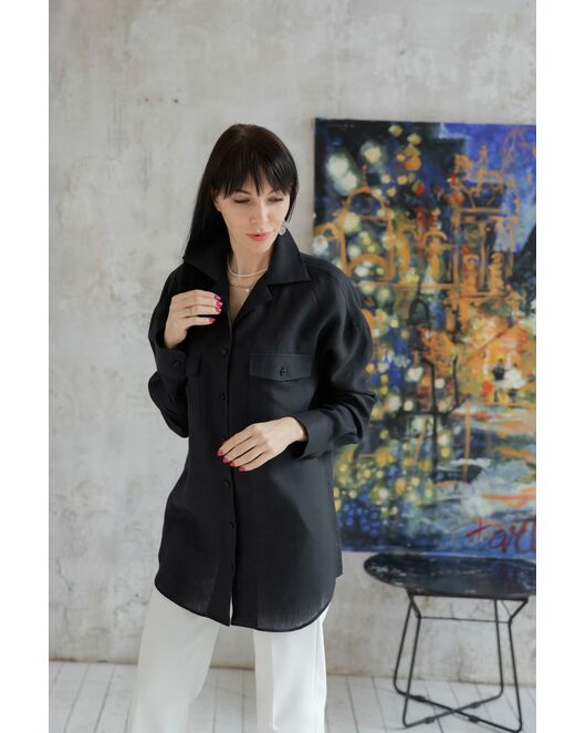 Женская льняная рубашка в оверсайз силуэте чёрная - 7961 от  