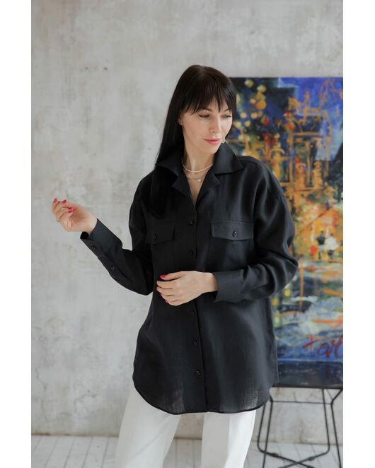 Женская льняная рубашка в оверсайз силуэте чёрная - 7961 от  