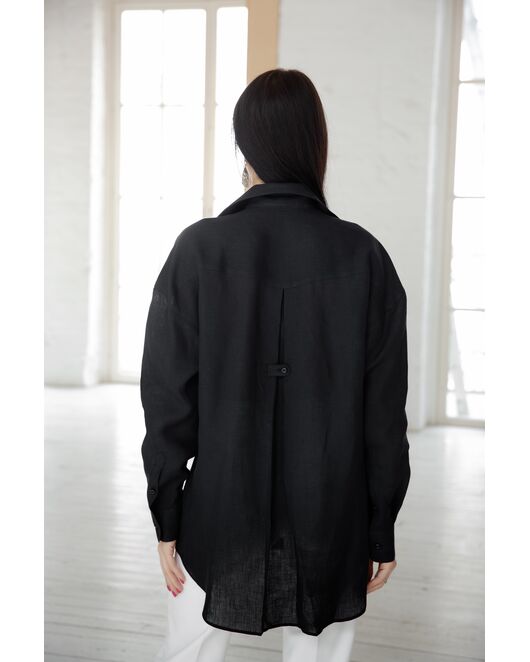 Женская льняная рубашка в оверсайз силуэте чёрная - 7961 от  