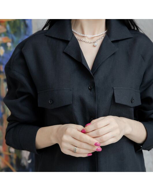 Женская льняная рубашка в оверсайз силуэте чёрная - 7961 от  