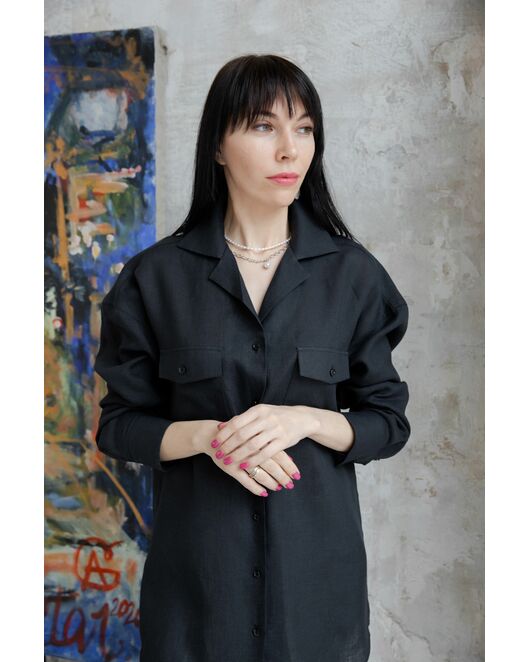 Женская льняная рубашка в оверсайз силуэте чёрная - 7961 от  