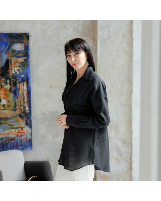 Женская льняная рубашка в оверсайз силуэте чёрная - 7961 от  