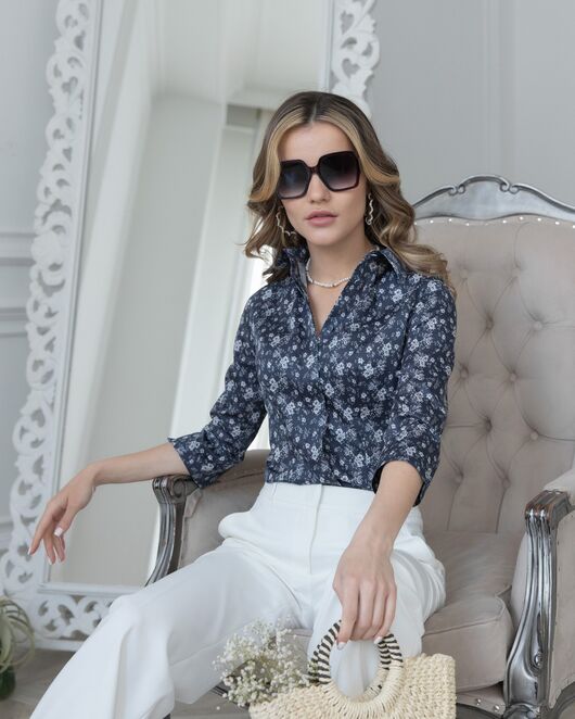 Женская рубашка рукав 3/4 цветочный принт - 8023 от byME 