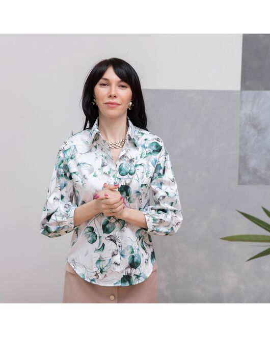 Блузка объемный рукав три четверти зеленый узор - 7964 от byME 