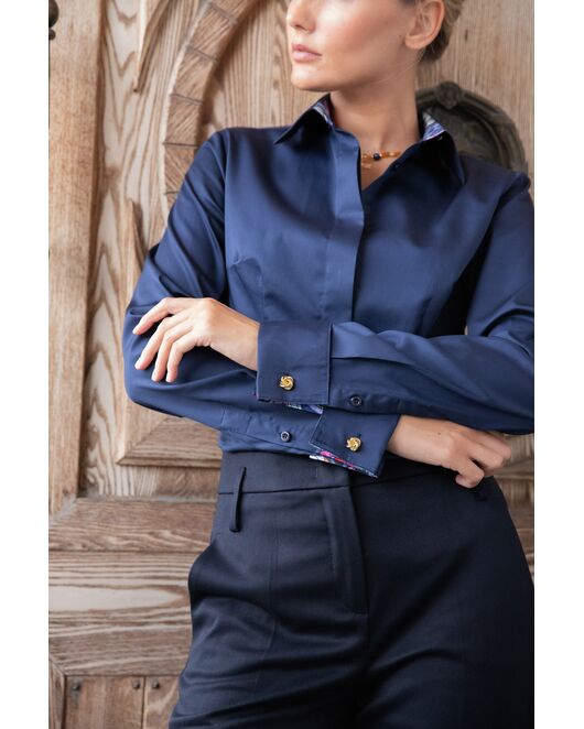 Женская рубашка под запонку приталенная темно-синяя - 8053 от byME 