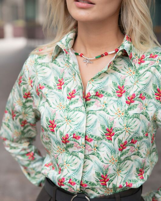 Женская рубашка под пуговицы полуприталенная тропический узор - 8058 от byME  Женская рубашка под пуговицы полуприталенная тропический узор - 8058 от byME