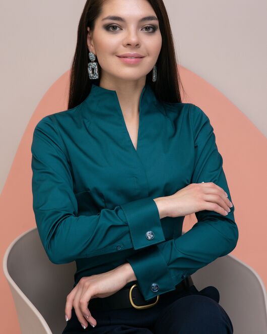 Женская рубашка под запонку изумрудная воротник стойка - 7896 от byME 