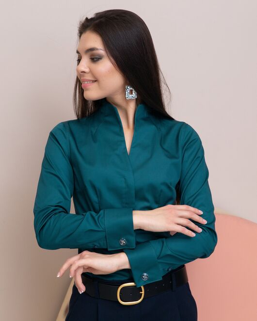 Женская рубашка под запонку изумрудная воротник стойка - 7896 от byME 