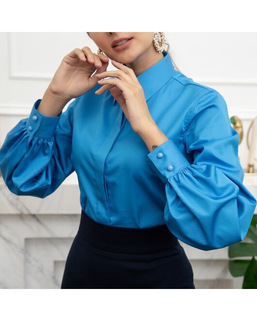 Женская рубашка с объемным рукавом бирюзовая - 8073 от byME 