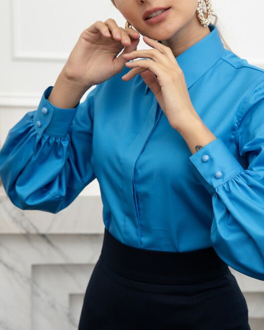 Женская рубашка с объемным рукавом бирюзовая - 8073 от byME 