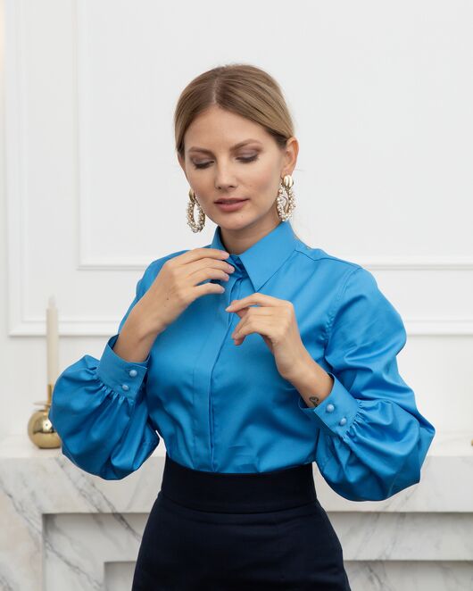 Женская рубашка с объемным рукавом бирюзовая - 8073 от byME 