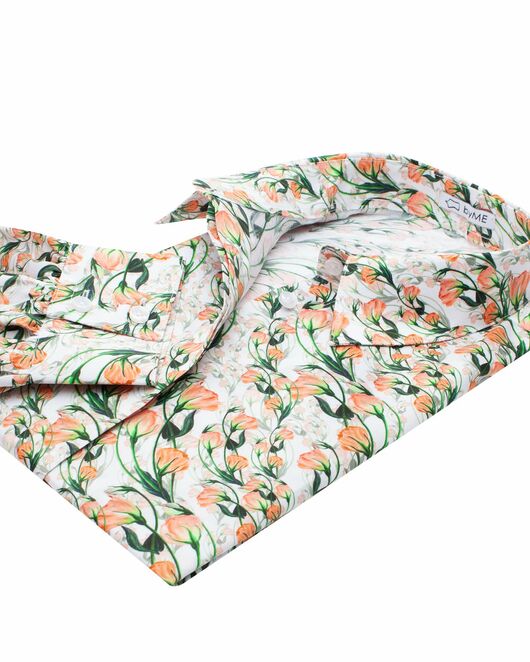 Женская рубашка с объемным рукавом узор оранжевые цветы - 8120 от byME 