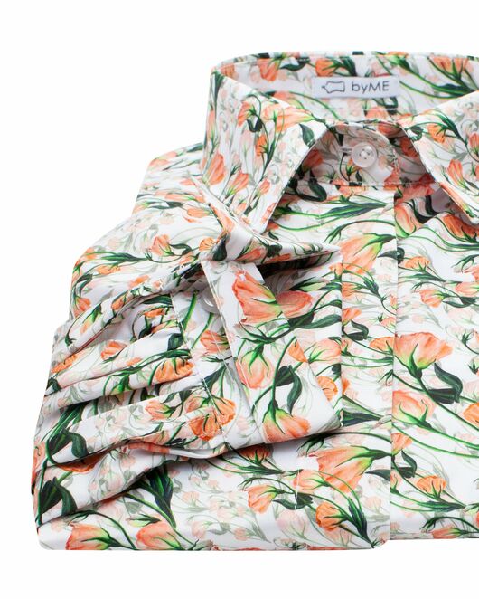 Женская рубашка с объемным рукавом узор оранжевые цветы - 8120 от byME 