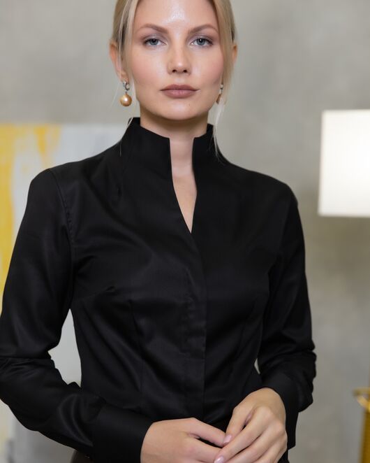 Женская рубашка под запонку черная воротник стойка - 7918 от byME 