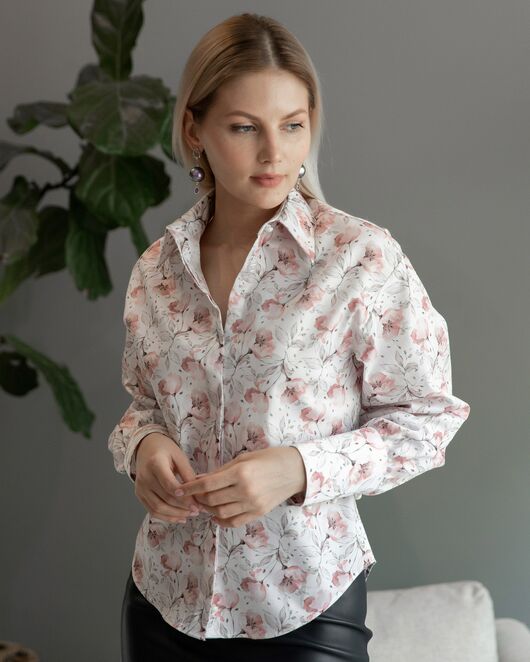 Женская рубашка с пышным рукавом узор цветы - 8228 от byME 