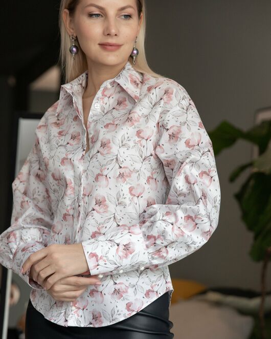 Женская рубашка с пышным рукавом узор цветы - 8228 от byME 