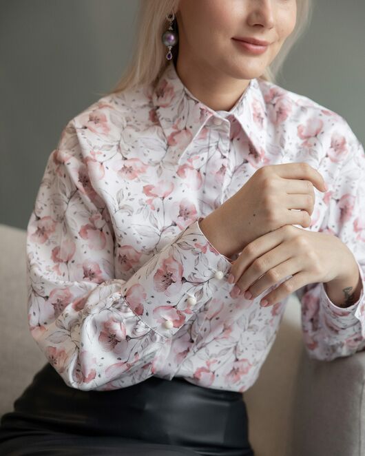 Женская рубашка с пышным рукавом узор цветы - 8228 от byME 