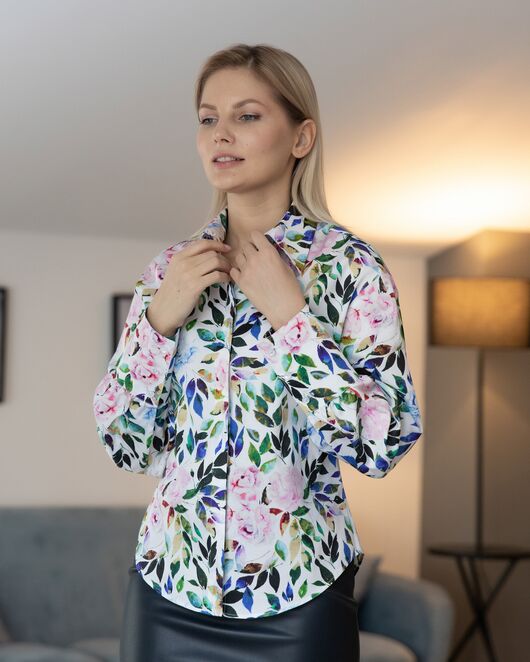 Женская рубашка с пышным рукавом узор цветы - 8229 от byME 