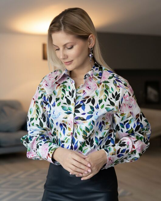 Женская рубашка с пышным рукавом узор цветы - 8229 от byME 