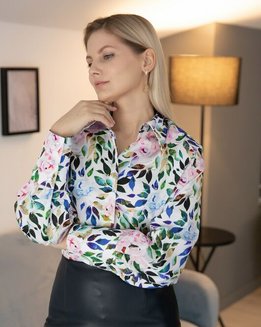Женская рубашка с пышным рукавом узор цветы - 8229 от byME 