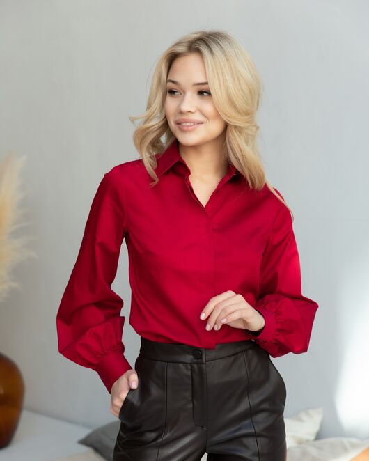 Женская рубашка с пышным рукавом вишнёвая - 8247 от byME 