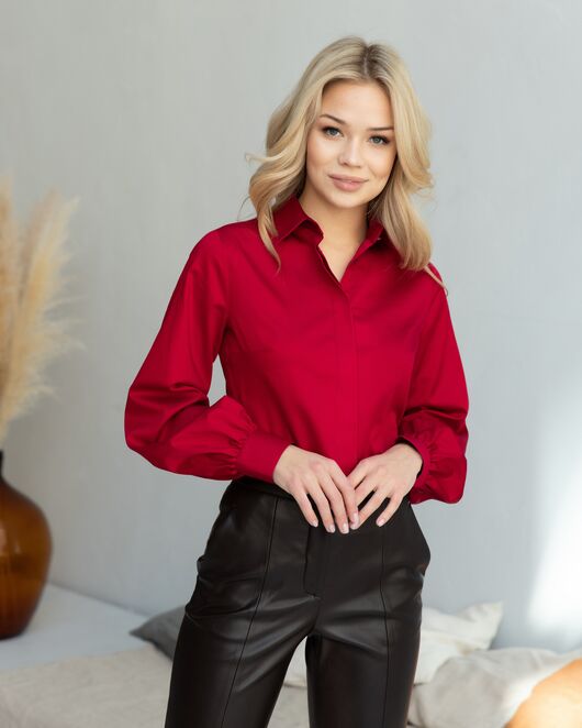 Женская рубашка с пышным рукавом вишнёвая - 8247 от byME 