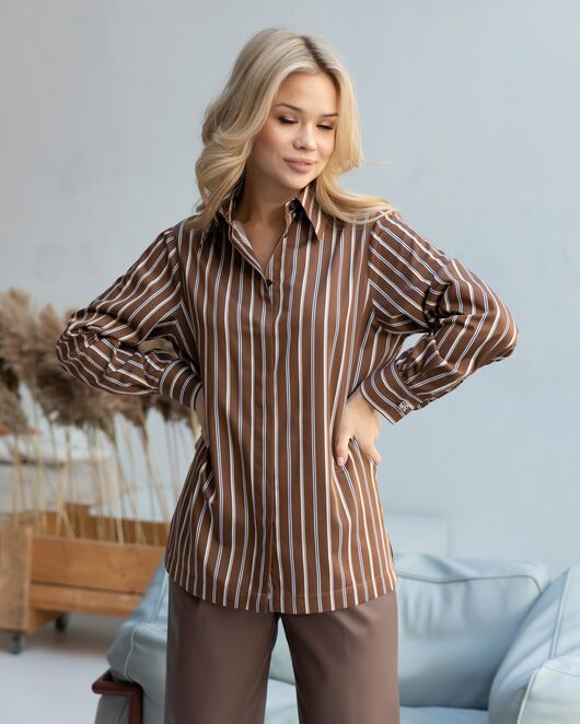 Женская рубашка под запонку коричневая в полоску - 8267 от byME 