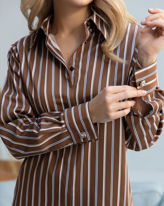 Женская рубашка под запонку коричневая в полоску - 8267 от byME 