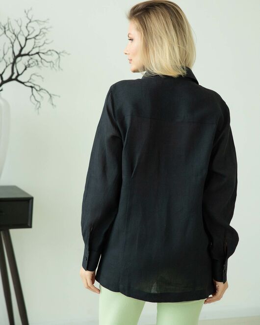 Женская льняная рубашка чёрная с отделкой цветы - 8287 от  