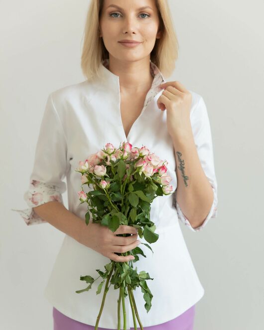 Женская рубашка воротник стойка с рукавом 3/4 с отделкой - 8304 от byME 