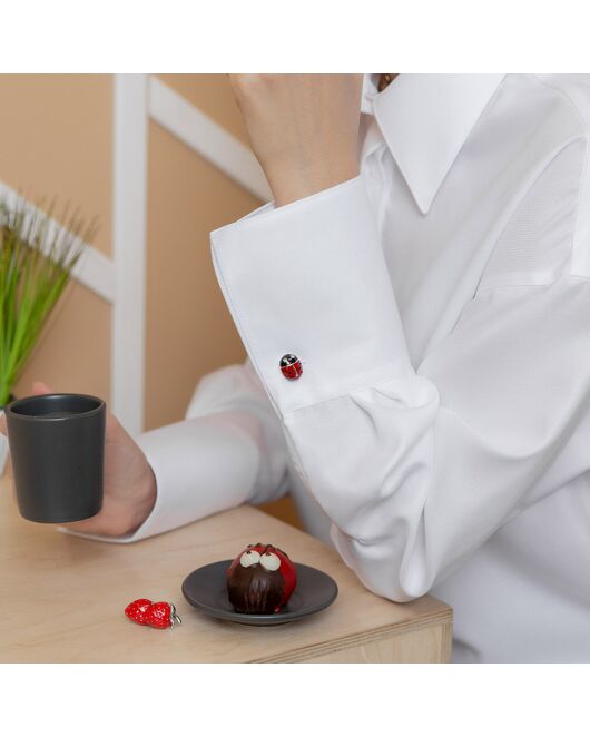 Женская рубашка с высоким манжетом под запонку белая фактура ёлочка - 8264 от byME 