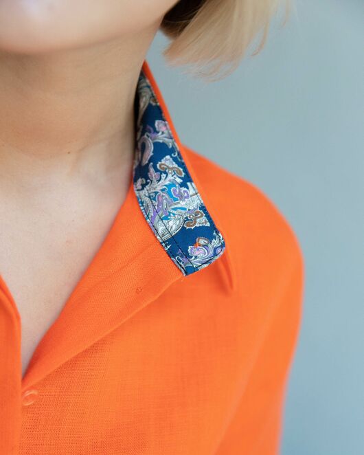 Женская льняная рубашка под пуговицы оранжевая - 8331 от byME 