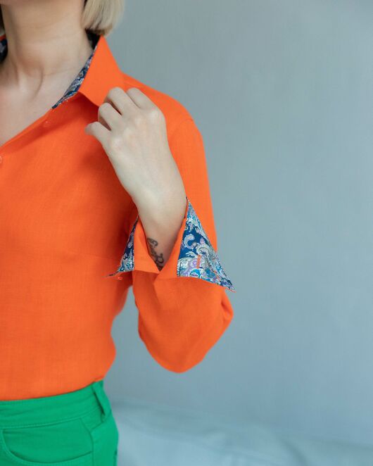 Женская льняная рубашка под пуговицы оранжевая - 8331 от byME 