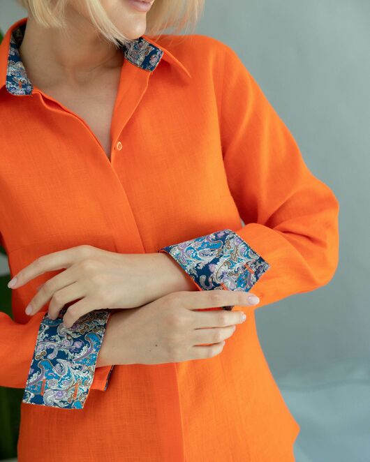 Женская льняная рубашка под пуговицы оранжевая - 8331 от byME 