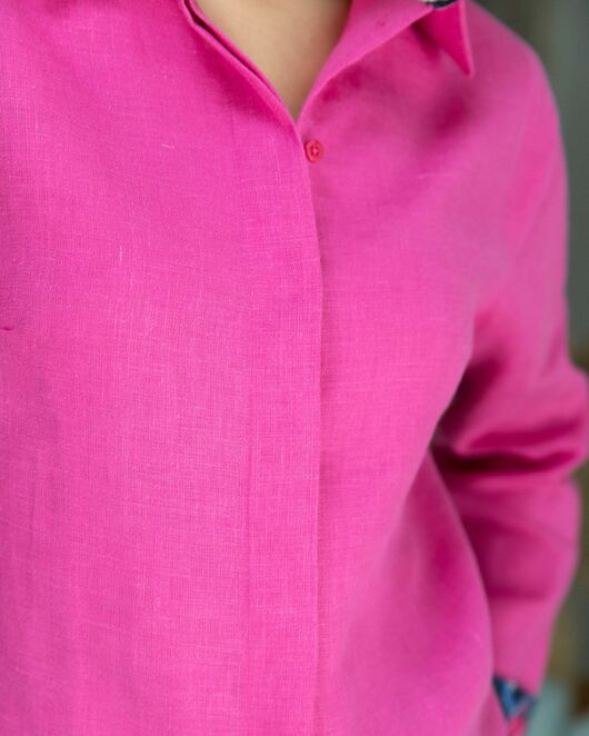Женская льняная рубашка под пуговицы розовая - 8333 от byME 