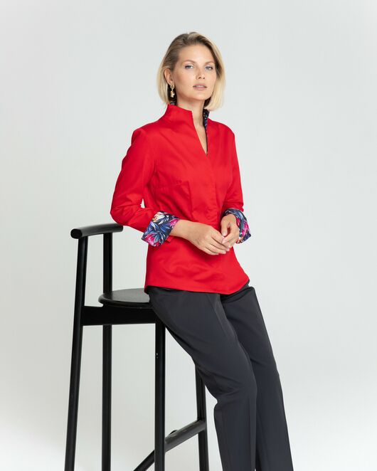 Женская рубашка воротник стойка красная с отделкой протеи - 8344 от byME 