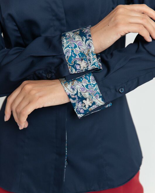 Женская рубашка воротник стойка тёмно-синяя под запонки с отделкой пейсли  - 8346 от byME 