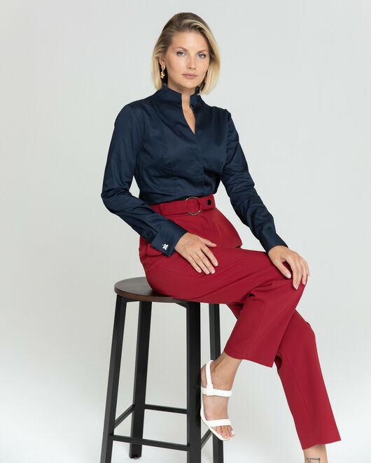 Женская рубашка воротник стойка тёмно-синяя под запонки с отделкой пейсли  - 8346 от byME 