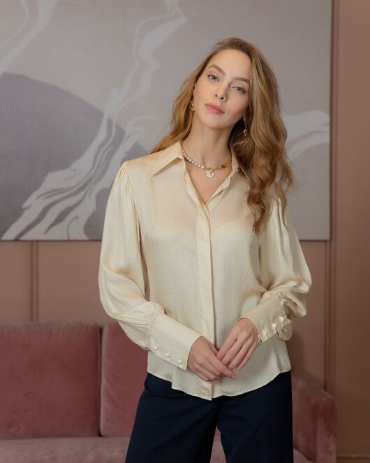 Женская блузка с пышным рукавом в мелкий горох цвет шампань - 8394 от ByME 