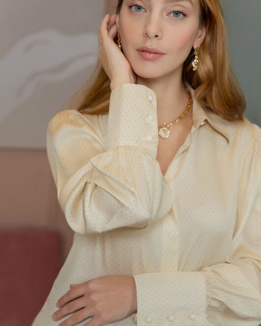 Женская блузка с пышным рукавом в мелкий горох цвет шампань - 8394 от ByME 