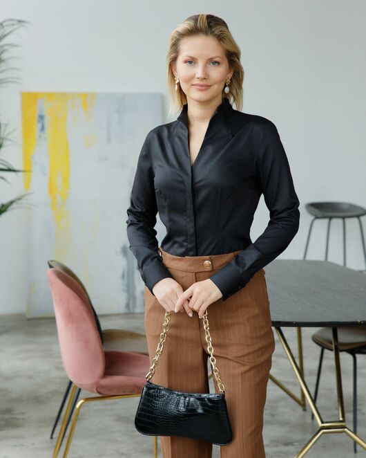 Женская рубашка под пуговицы с супатной застёжкой воротник стойка чёрная - 8404 от byME  Женская рубашка под пуговицы с супатной застёжкой воротник стойка чёрная - 8404 от byME