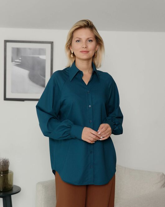 Женская рубашка в оверсайз силуэте под пуговицу с пышным рукавом бутылочная - 8406 от byME 