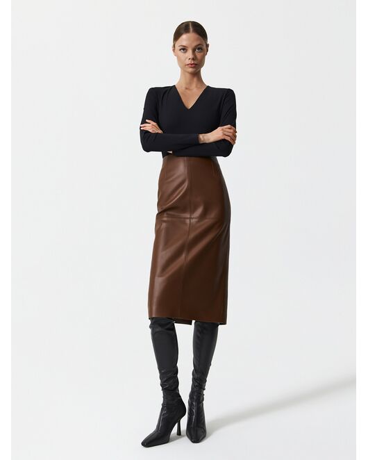 Юбка женская прямая из экокожи цвет карамель от byME 