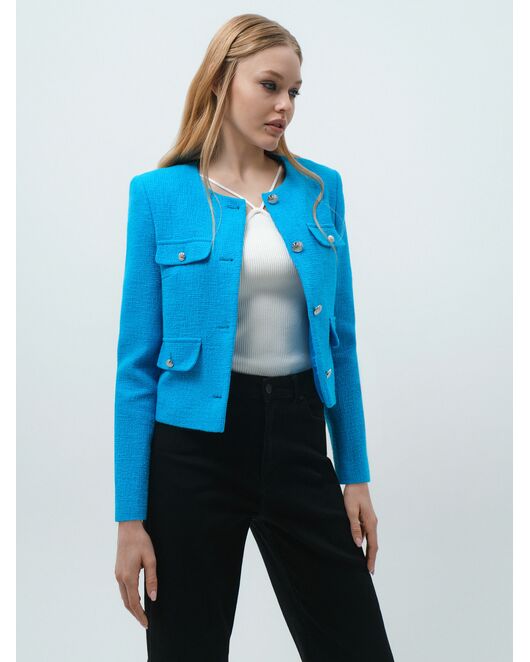 Твидовый пиджак с декоративными карманами бирюзовый от byME  Твидовый пиджак с декоративными карманами бирюзовый от byME