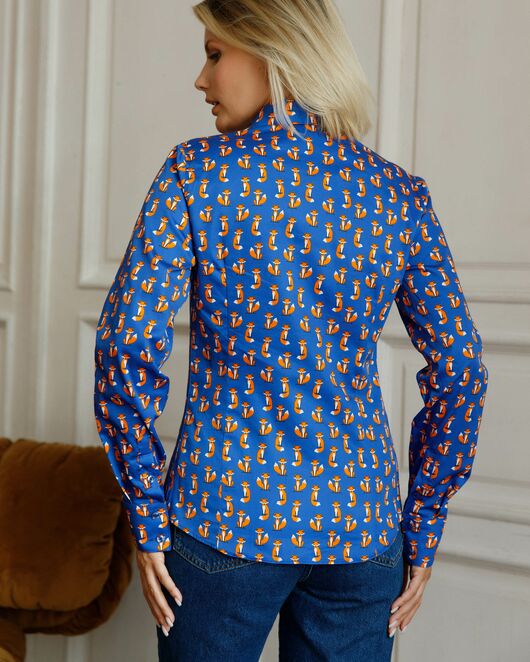 Женская рубашка под пуговицы принт лисы на синем фоне - 7748 от DoubleCuff 